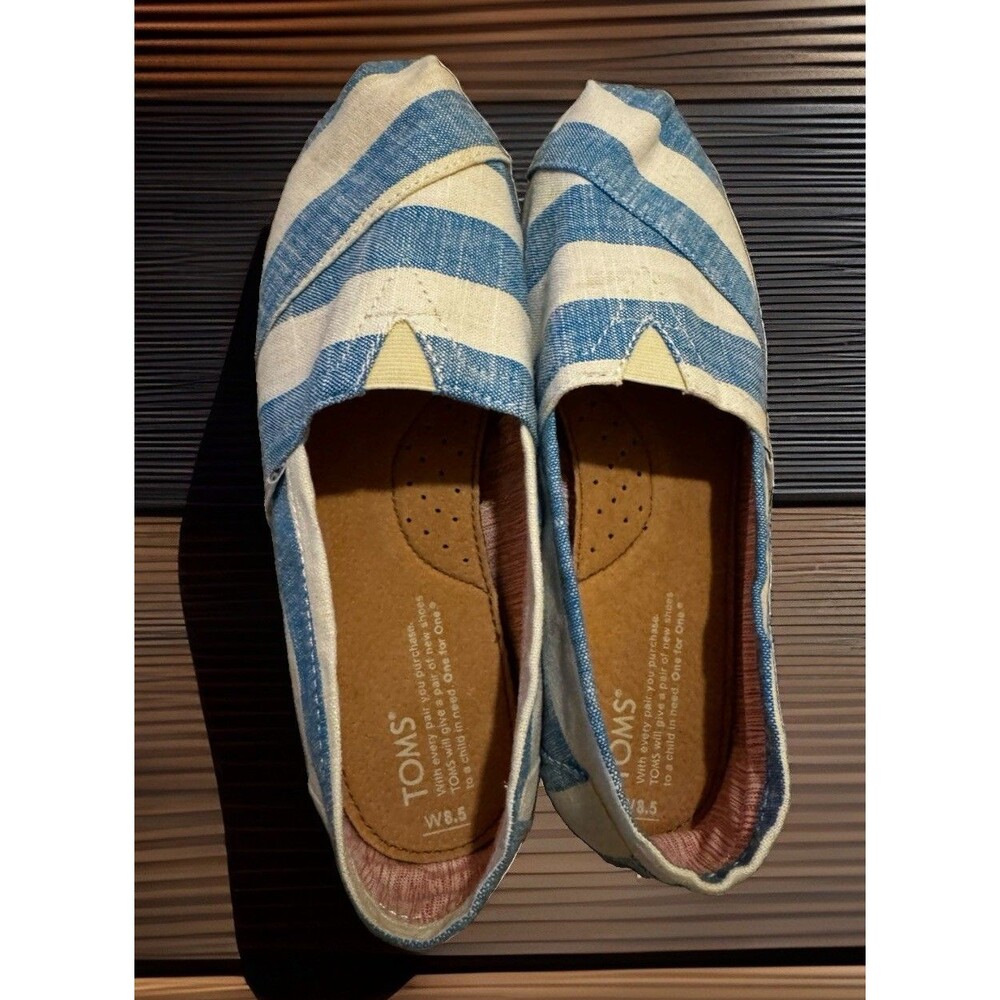 TOMS Women 8.5 Classic Alpargata Slip On Flats Blue White Stripe Canvas Nautical